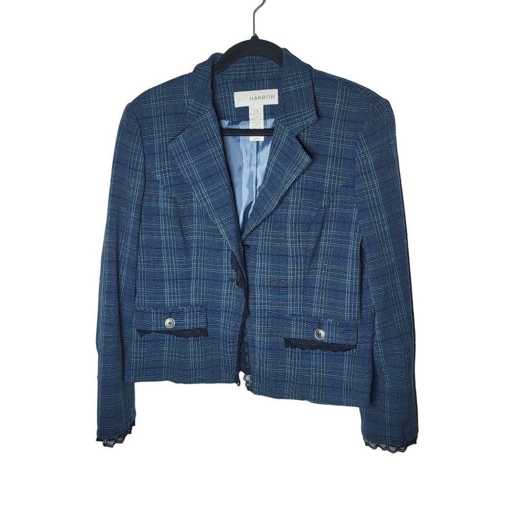 Sag Harbor Women's Plaid Lace Trim Blue Blazer Size 10 Career Office Business
